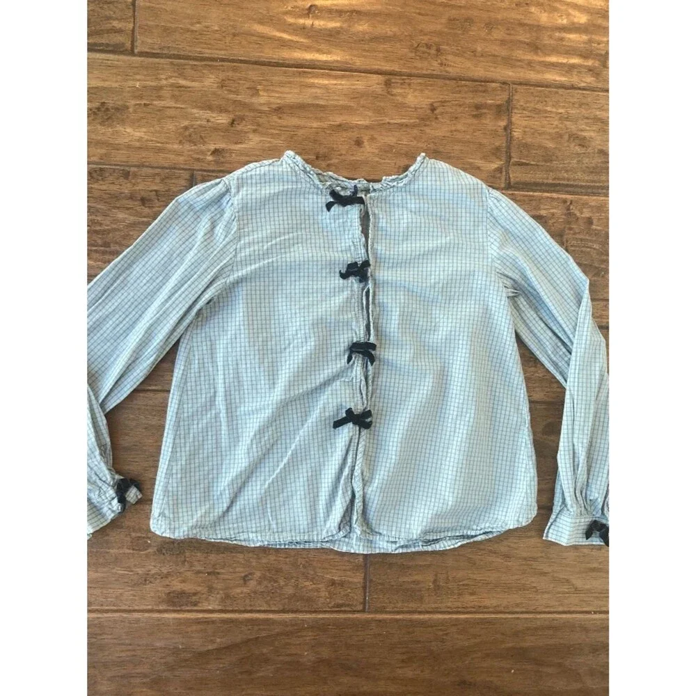 Zara Girls 11-12 Blue Textured Plaid Button Down Long Sleeve Velvet Bows